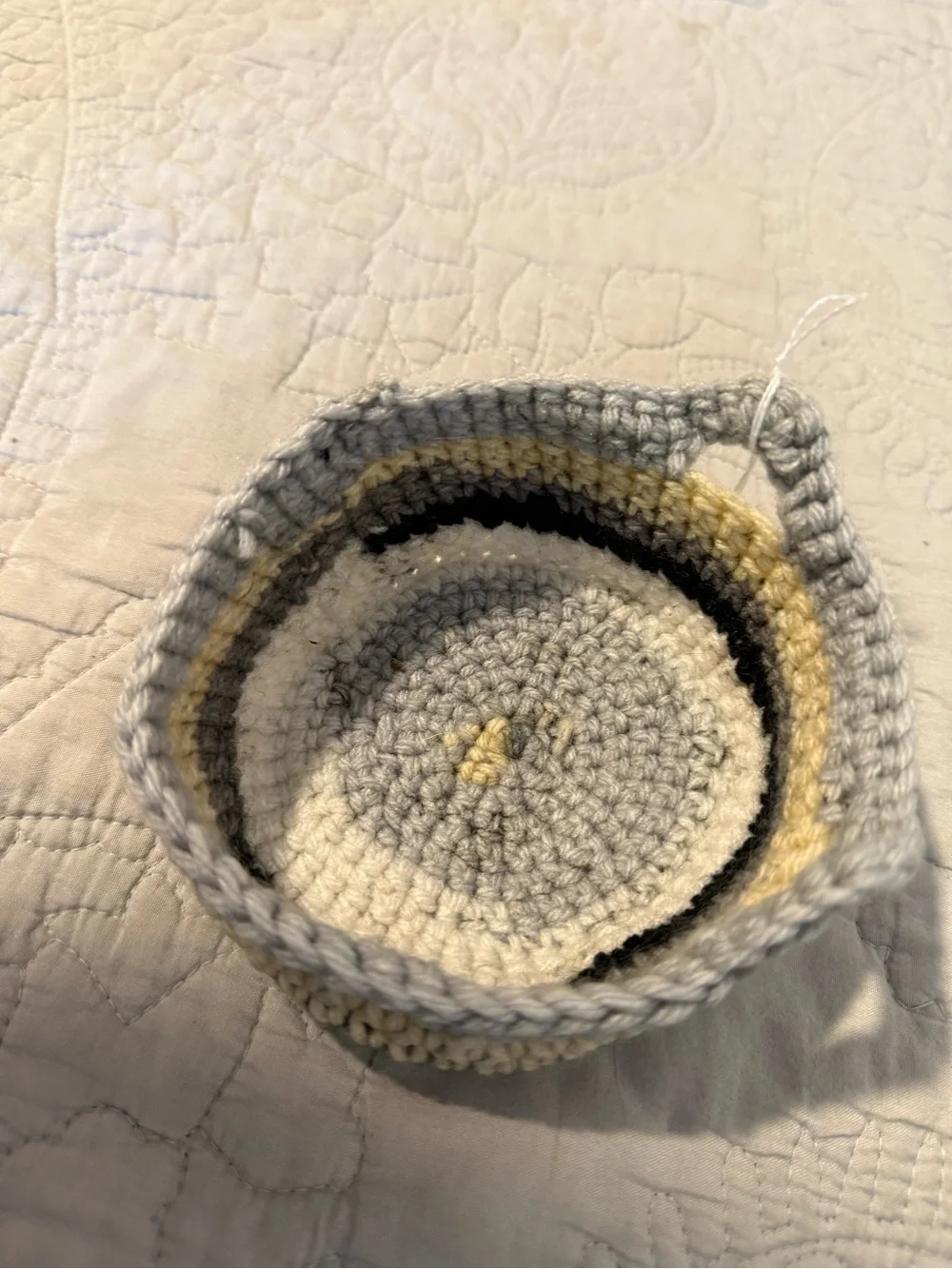 Handmade Crochet Catchall Bowl in Gray and Cream - Small Home Organizer